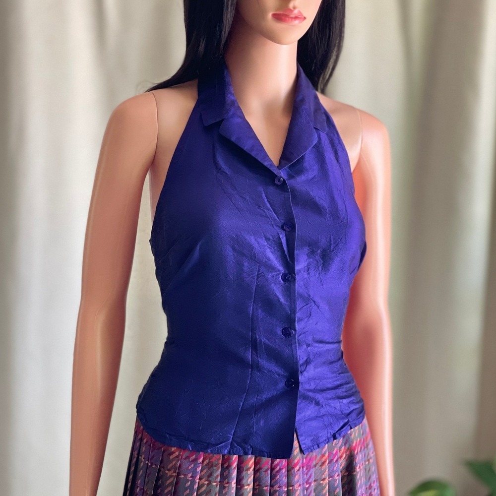 Vtg 90s Purple Silk Halter Top Backless Button Front Quiet Luxury Old Money 10